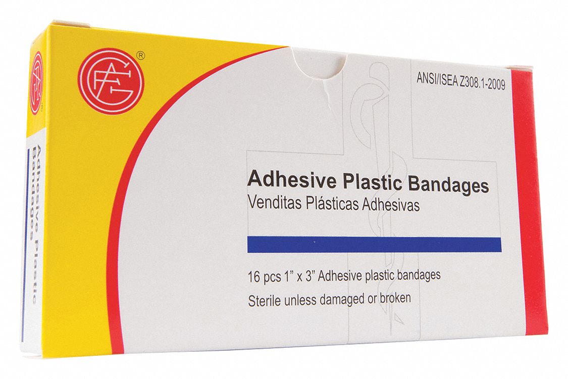 Adhesive Bandage: Strip Bandages, 1 in Wd, 3 in Lg, Not Metal Detectable, Plastic