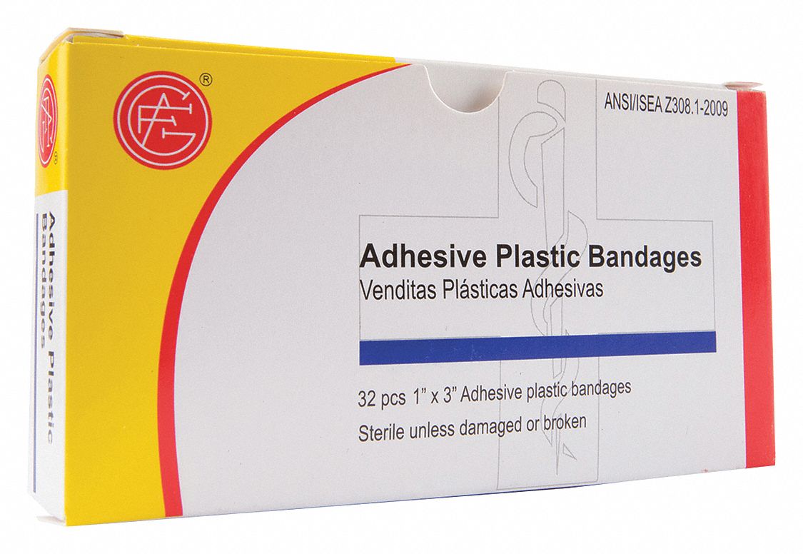 Adhesive Bandage: Strip Bandages, 1 in Wd, 3 in Lg, Not Metal Detectable, Plastic