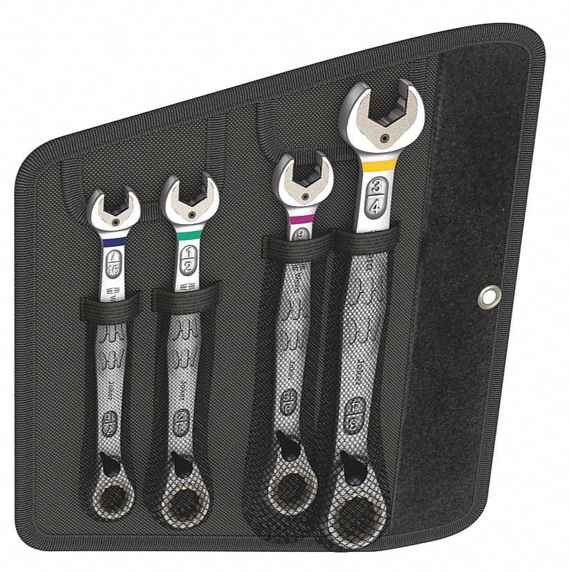 Combination Wrench Set: Alloy Steel, Nickel Chrome, 4 Tools, 0° Head Offset Angle, Std, Pouch