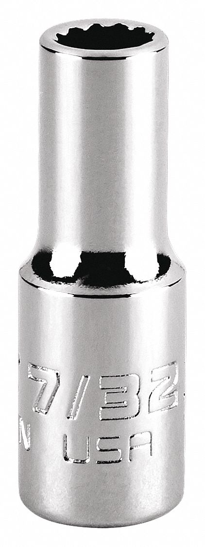 Socket: SAE, 1/4 in Drive Size, 7/32 in Socket Size, 12-Point, Std, Chrome, Not Tether Capable