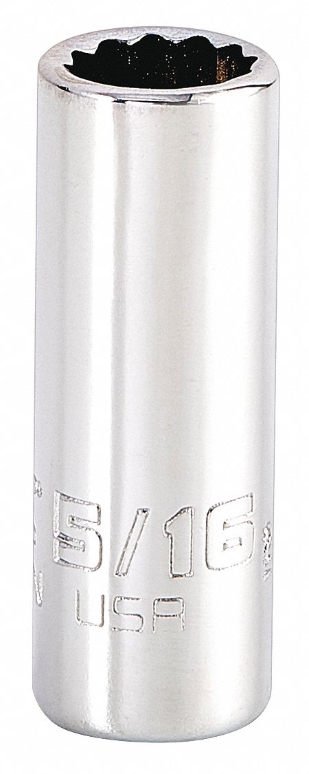 Socket: SAE, 1/4 in Drive Size, 5/16 in Socket Size, 12-Point, Std, Chrome, Not Tether Capable