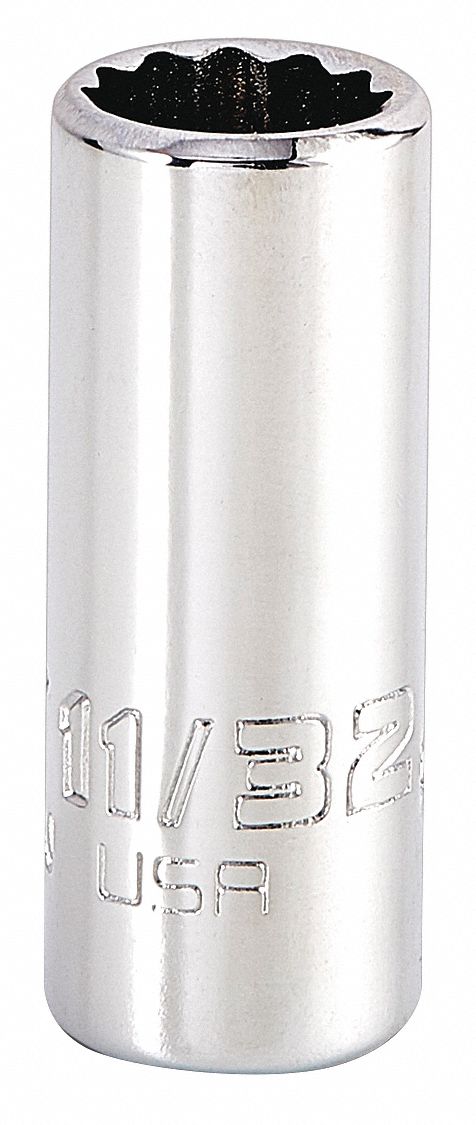 Socket: SAE, 1/4 in Drive Size, 11/32 in Socket Size, 12-Point, Std, Chrome, Socket