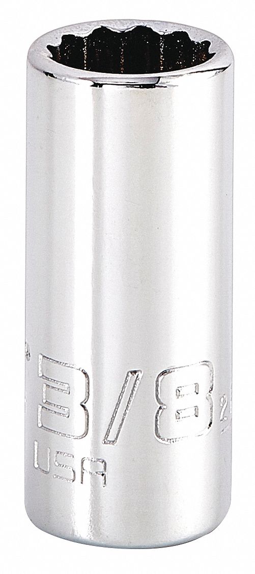 Socket: SAE, 1/4 in Drive Size, 3/8 in Socket Size, 12-Point, Std, Chrome, Not Tether Capable