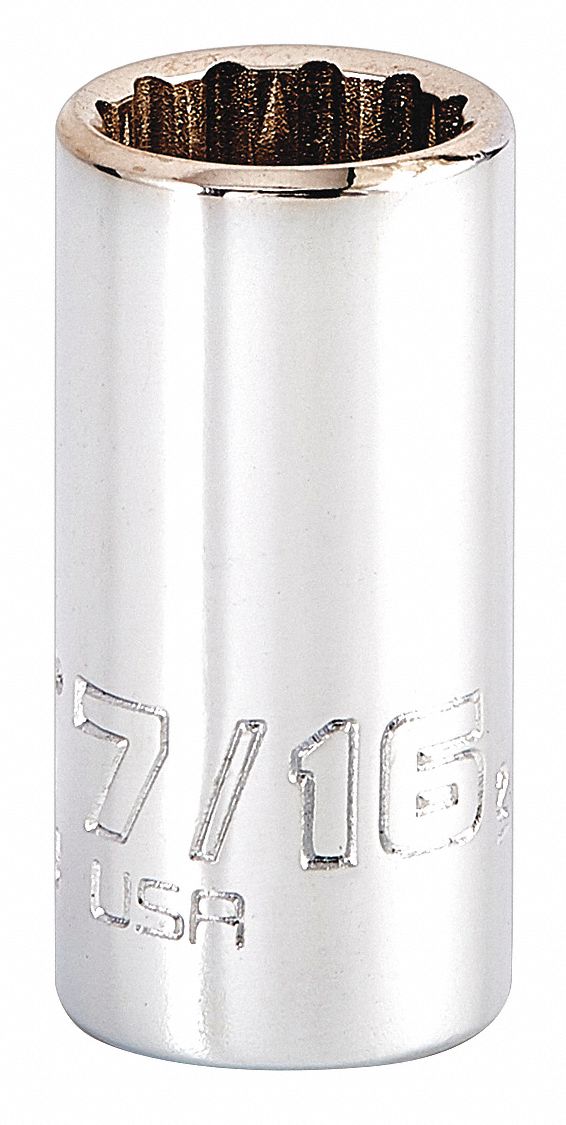 Socket: SAE, 1/4 in Drive Size, 7/16 in Socket Size, 12-Point, Std, Chrome, Not Tether Capable