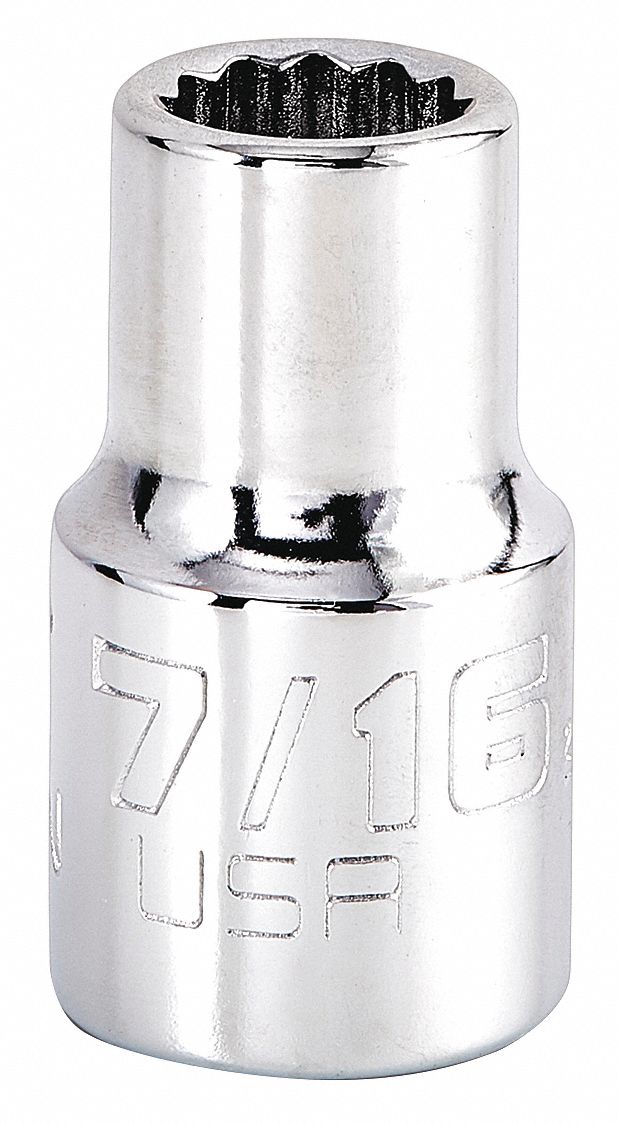 Socket: SAE, 1/2 in Drive Size, 7/16 in Socket Size, 12-Point, Std, Chrome, Not Tether Capable