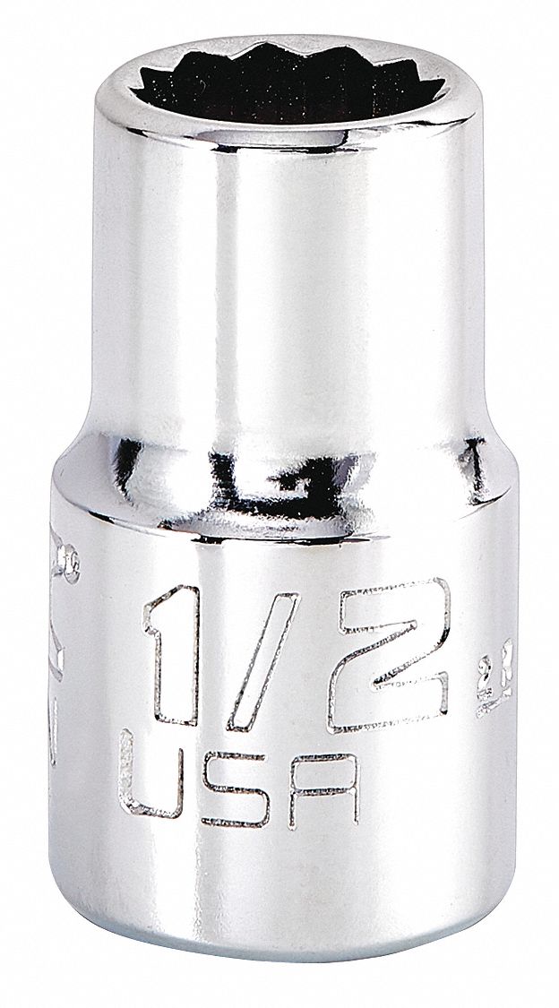 Socket: SAE, 1/2 in Drive Size, 1/2 in Socket Size, 12-Point, Std, Chrome, Not Tether Capable