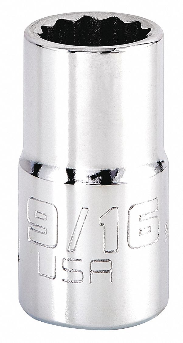 Socket: SAE, 1/2 in Drive Size, 9/16 in Socket Size, 12-Point, Std, Chrome, Not Tether Capable