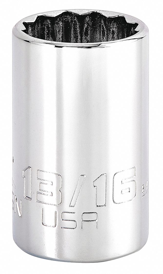 Socket: SAE, 1/2 in Drive Size, 13/16 in Socket Size, 12-Point, Std, Chrome, Socket