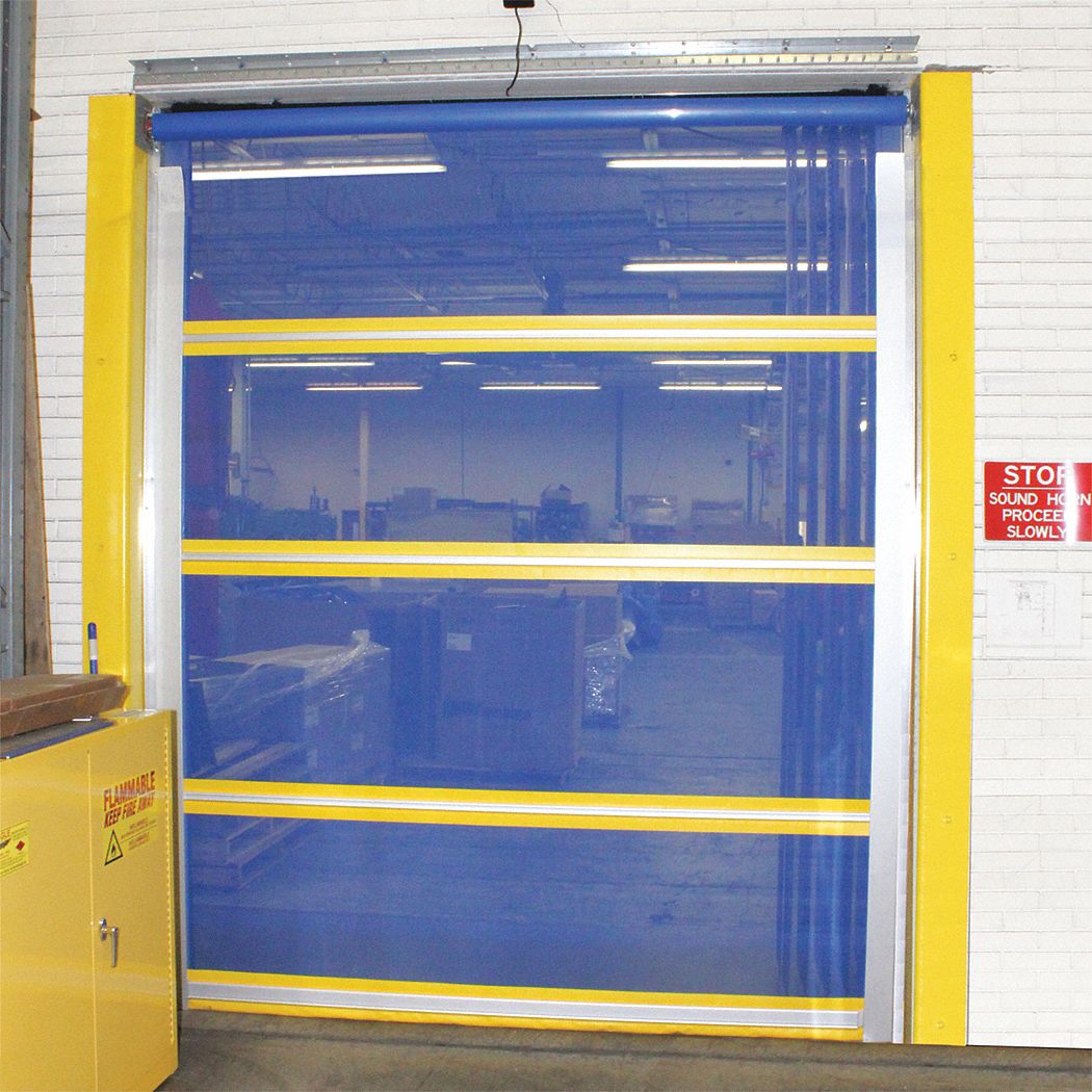 TMI Blue with Yellow Trim Motorized Roll Up Wall Mount Curtain Door 12 ftW x 12 ftH" 483L14