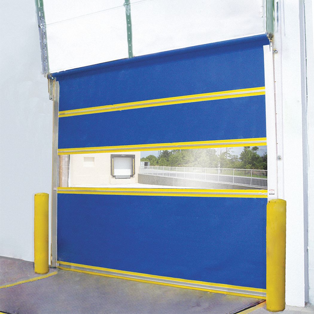 Curtain Door: Coated PVC, 10 ft x 10 ft, Motorized Roll Up, Blue/Yellow, Wall Mount