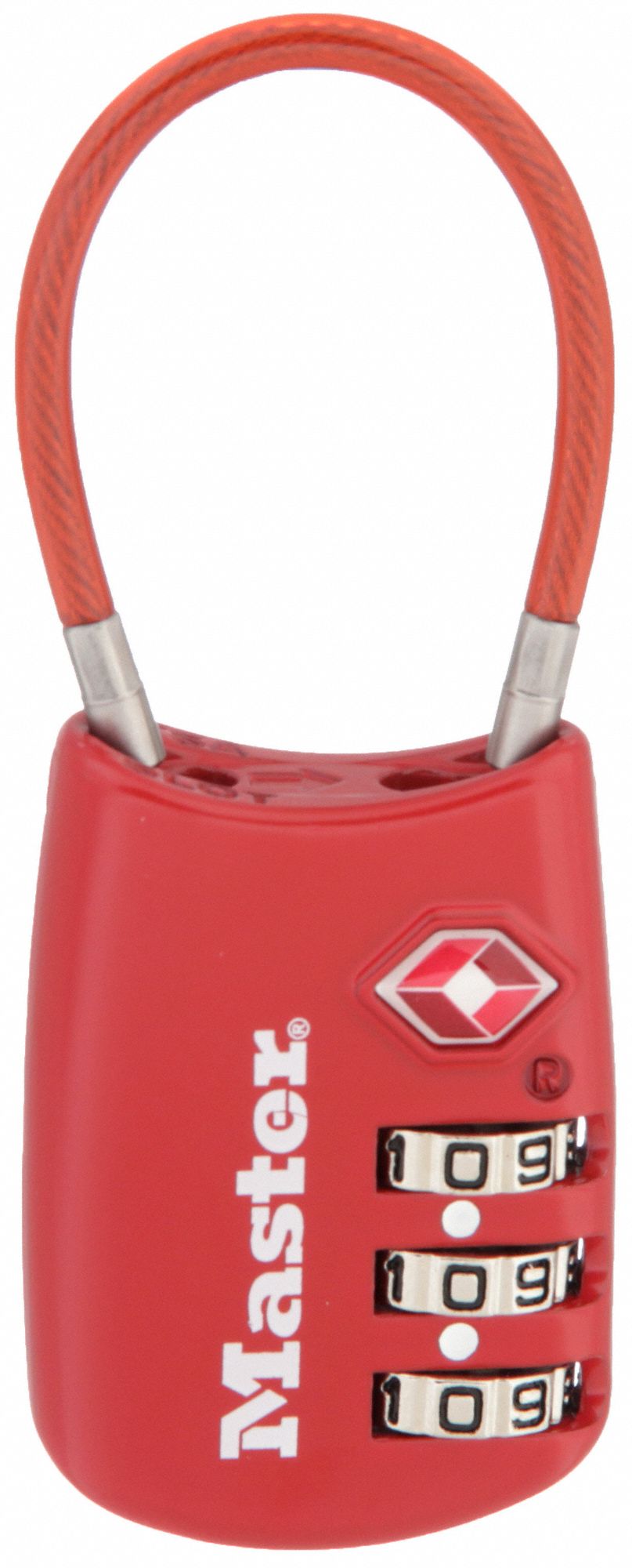 COMBINATION PADLOCK, FOR GENERAL SECURITY, MASTER LOCK, STEEL, ZINC DIE-CAST, RED, SILVER, FRONT, 1 2/3 IN