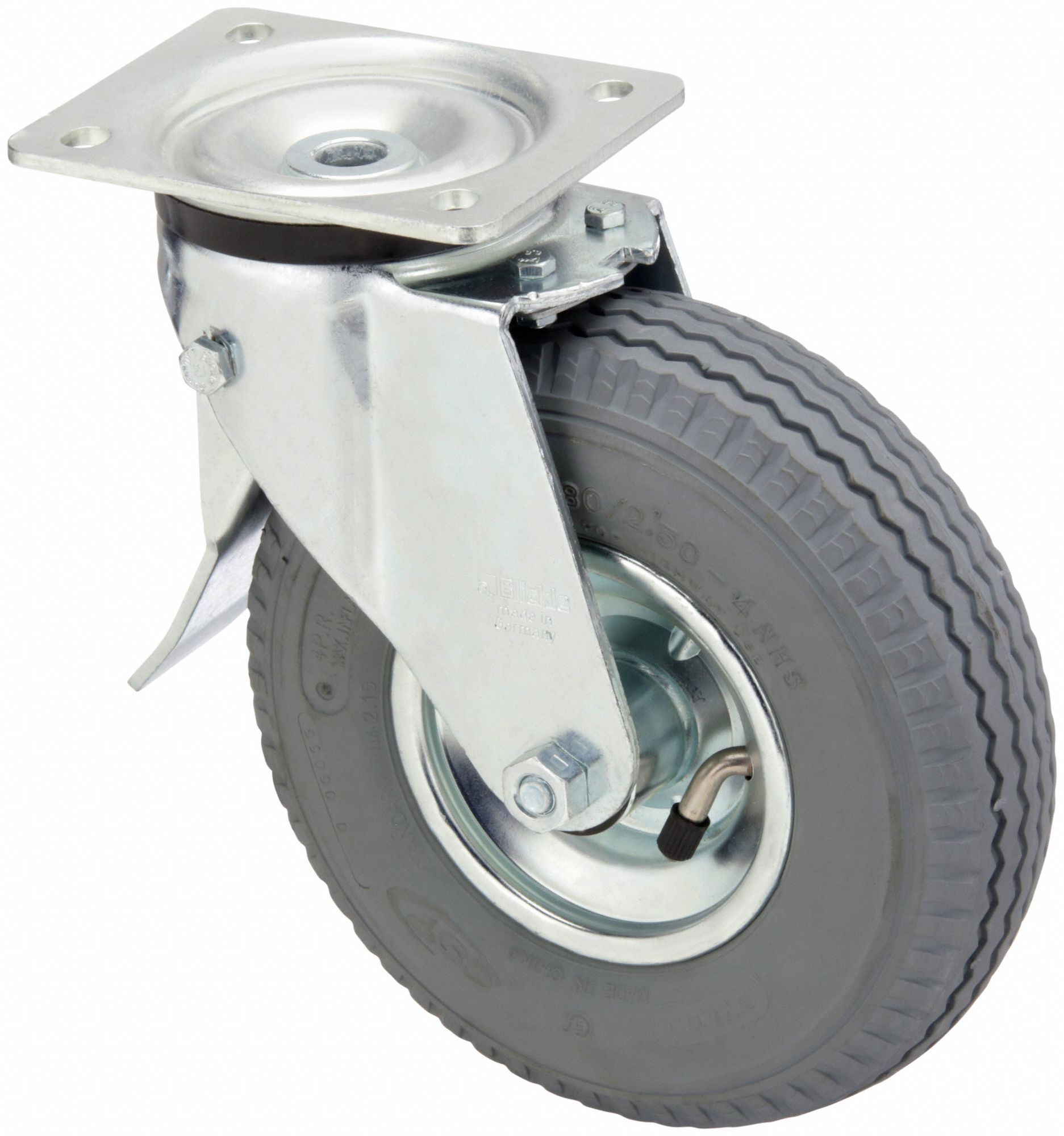 Plate Caster: Swivel, Steel, 8 11/16 in Wheel Dia., 2 9/16 in Wheel Wd, Slot, Rubber