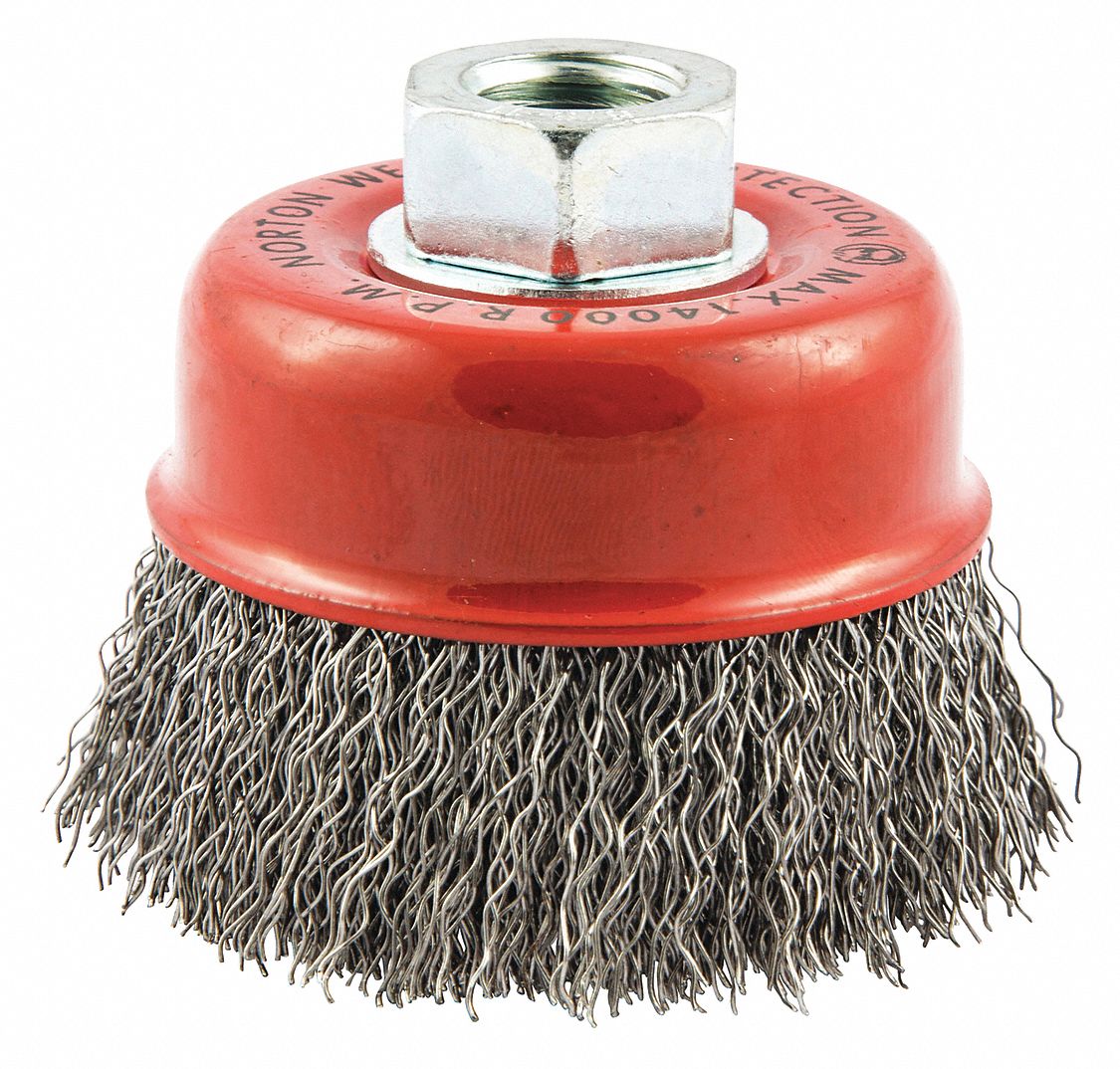 CUP BRUSH, CRIMPED STEEL, 3 IN DIAMETER, 0.014 IN FILL DIAMETER, 5/8