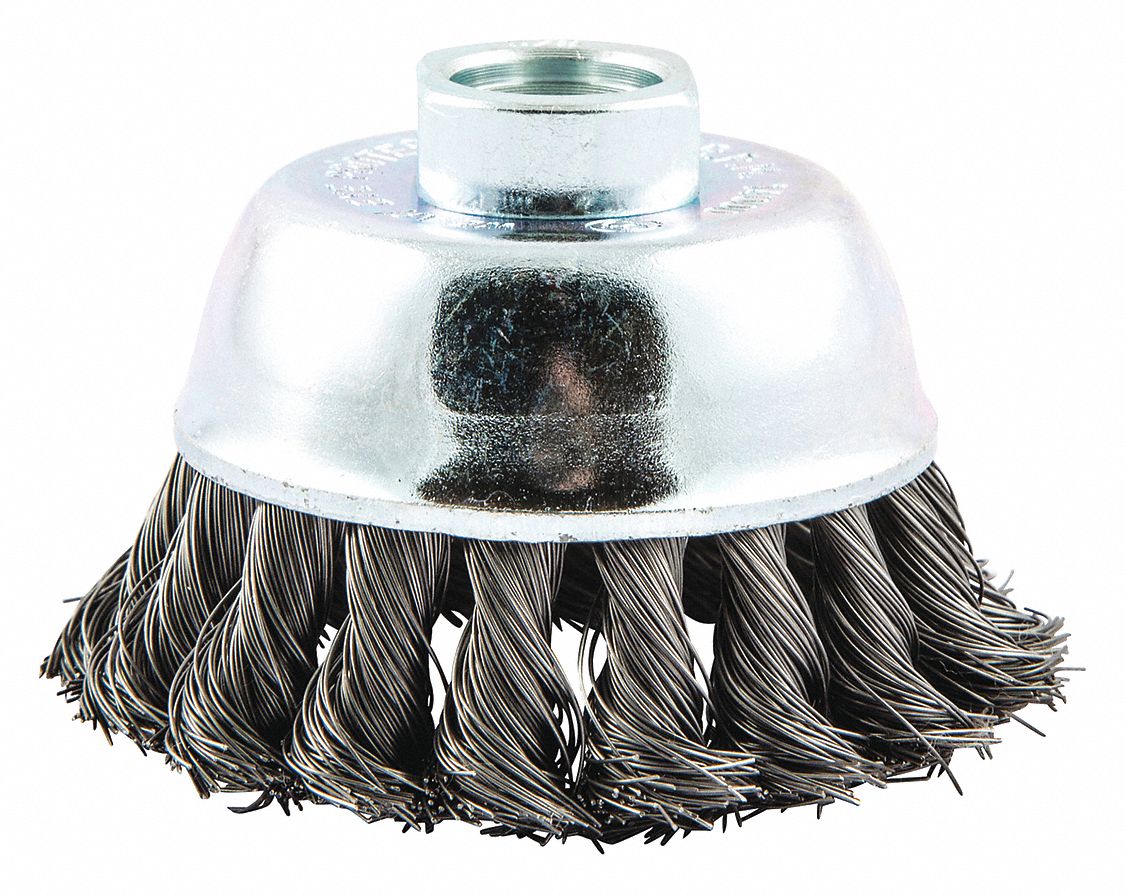 Cup Brush: Twisted Steel, 2 3/4 in Dia, 0.014 in Fill Dia, 5/8"-11 Arbor