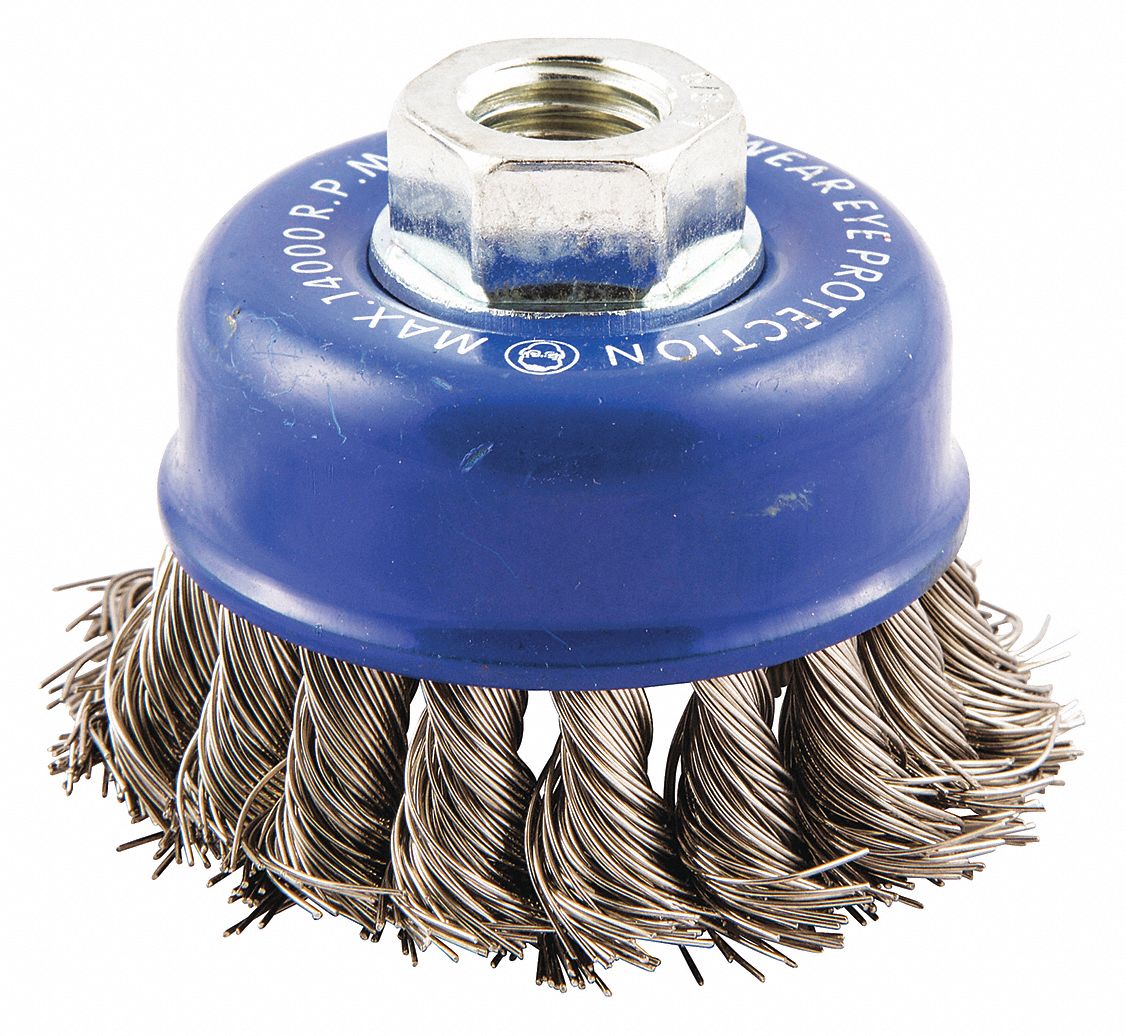 Cup Brush: Twisted Stainless Steel, 2 3/4 in Dia, 0.02 in Fill Dia, 5/8"-11 Arbor