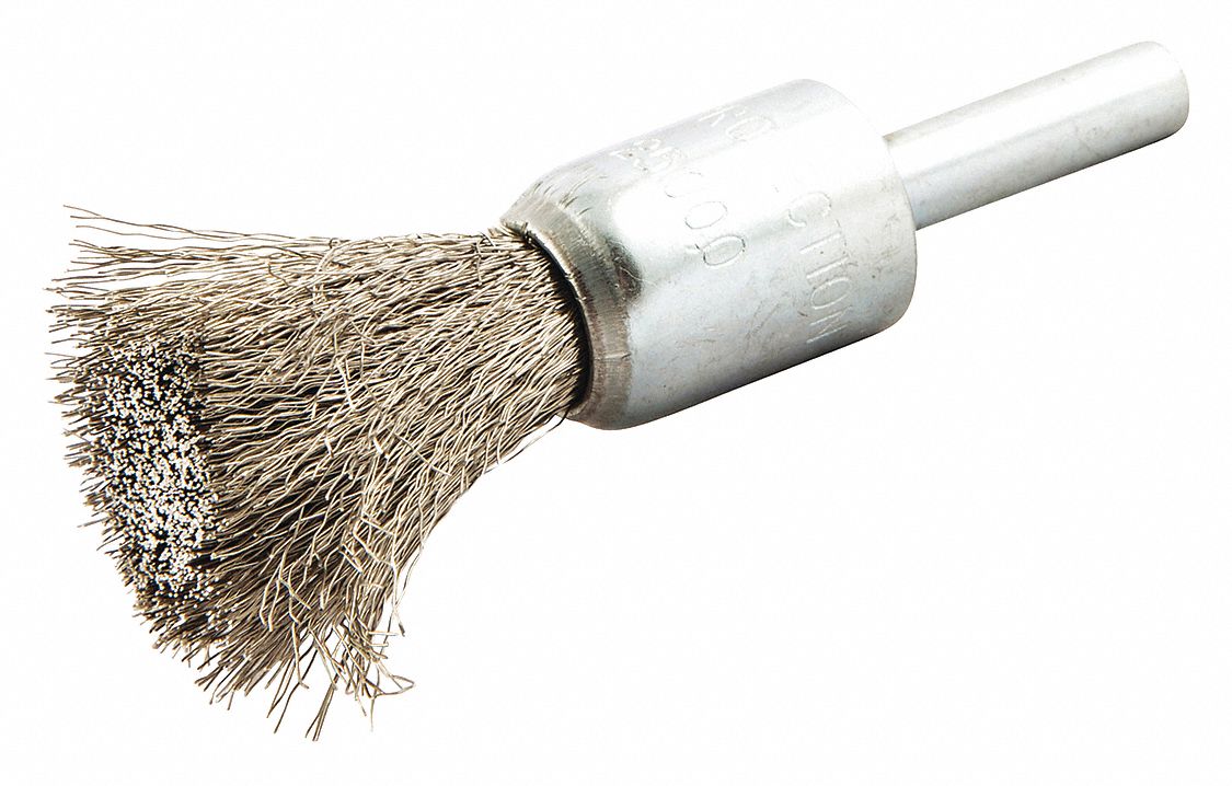 END BRUSH, CRIMPED STAINLESS STEEL, ½ IN DIAMETER, 0.006 IN FILL DIAMETER, ¼ IN SHANK