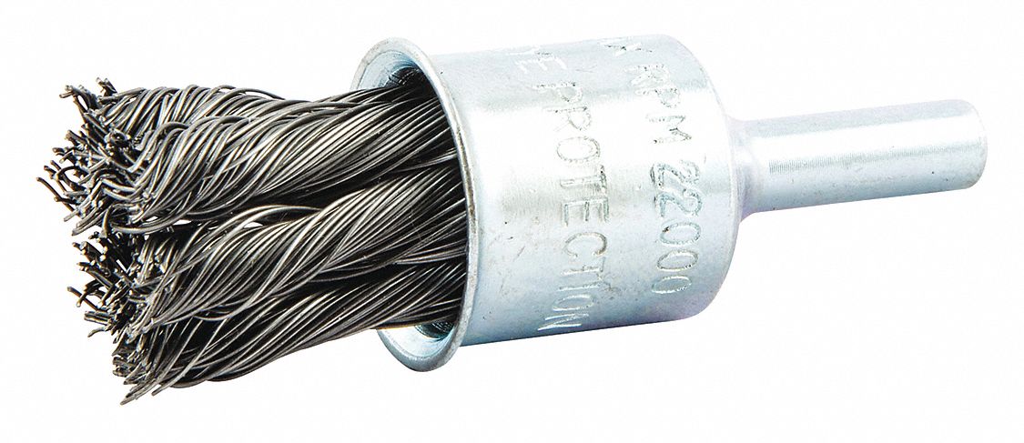 END BRUSH, TWISTED STEEL, &frac34; IN DIAMETER, 0.014 IN FILL DIAMETER, &frac14; IN SHANK