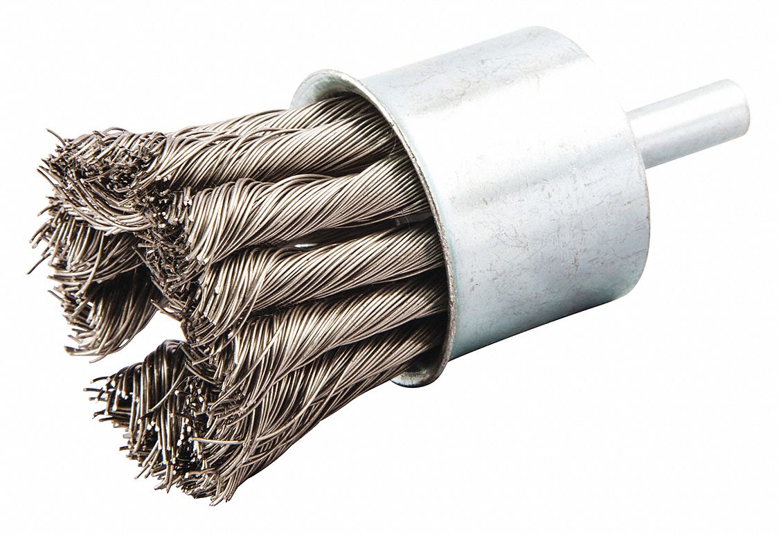 End Brush: Twisted Stainless Steel, 1 1/8 in Dia, 0.014 in Fill Dia, 1/4 in Shank