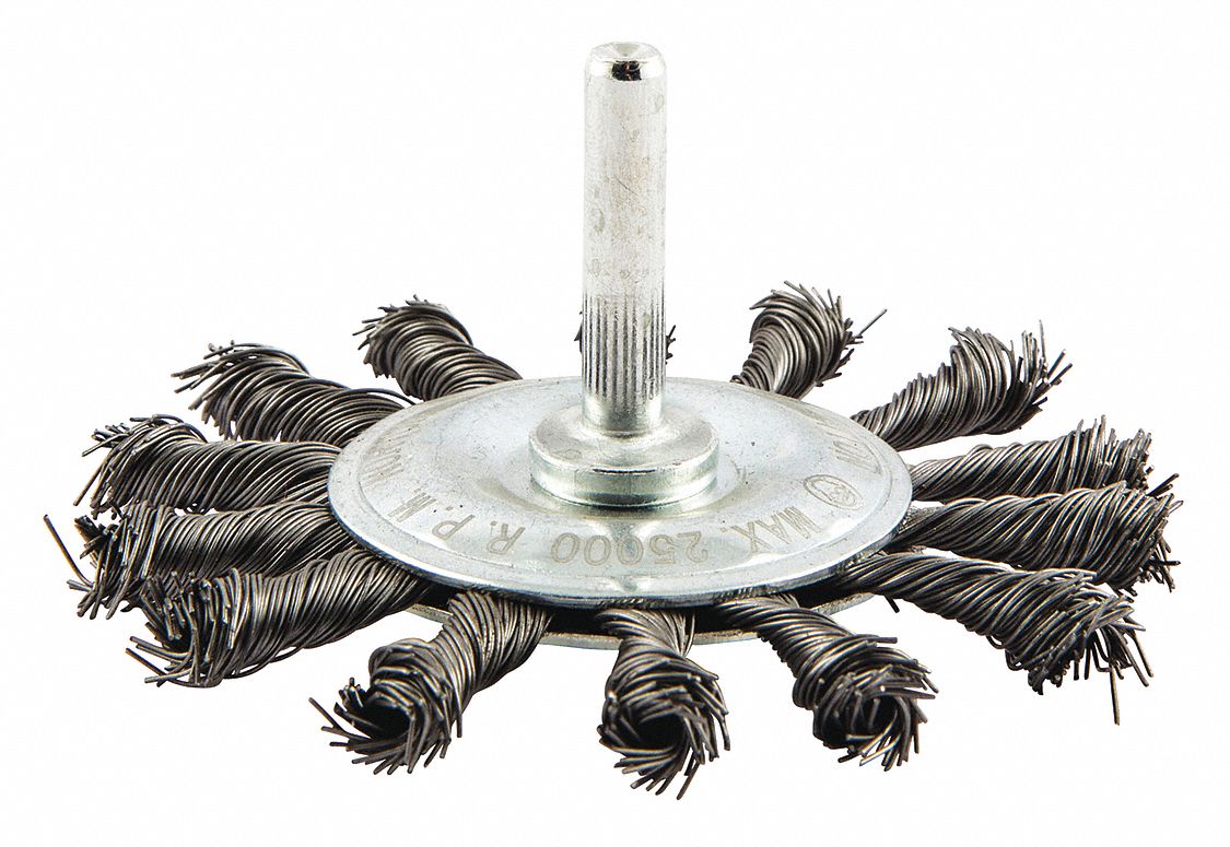 WIRE WHEEL BRUSH, TWISTED STEEL, 3¼ IN DIAMETER X ⅜ IN W, ¼ IN SHANK, 0.014 IN FILL