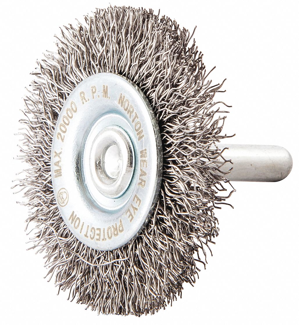 WIRE WHEEL BRUSH, CRIMPED STEEL, 2 IN DIAMETER X ⅜ IN W, ¼ IN SHANK, 0.011 IN FILL
