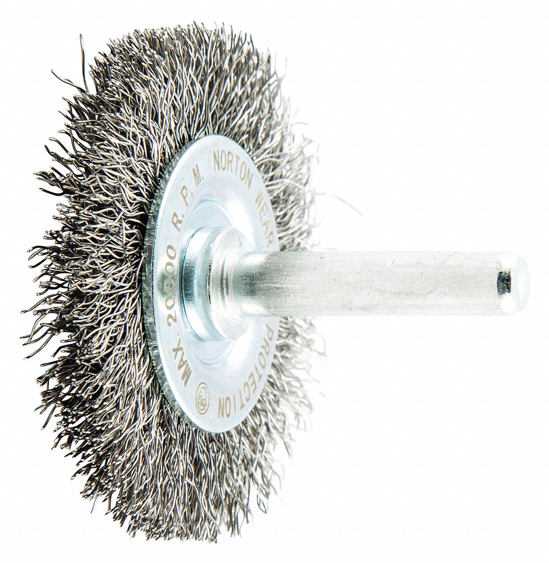 WIRE WHEEL BRUSH, CRIMPED STEEL, 2 IN DIAMETER X ⅜ IN W, ¼ IN SHANK, 0.006 IN FILL