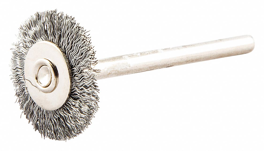WIRE WHEEL BRUSH, CRIMPED BRASS, 1 IN DIAMETER X 1/8 IN W, 1/8 IN SHANK, 0.005 IN FILL