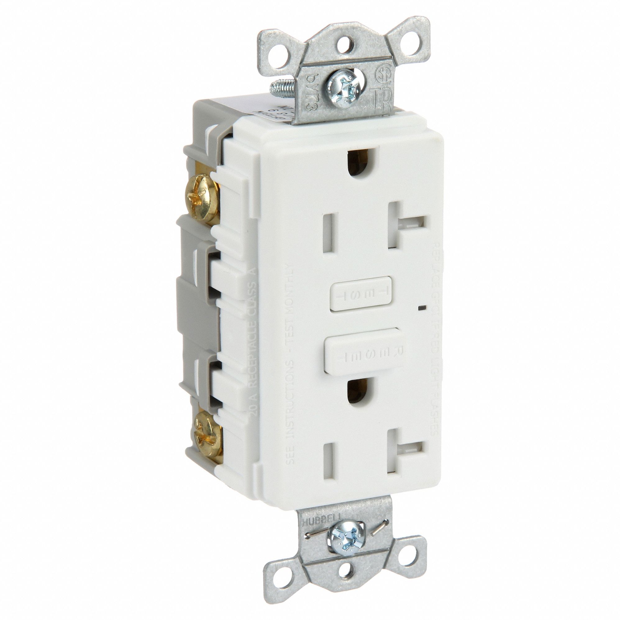 GFCI Receptacle: Duplex, White, 5-20R, 20 A, 125V AC, 2 Pole / 3 Wire, Screw Terminals