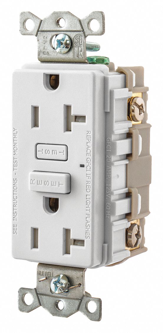 GFCI RECEPTACLE, DUPLEX, WHITE, 5-20R, 20 A, 125V AC, 2 POLE/3 WIRE, GEN USE