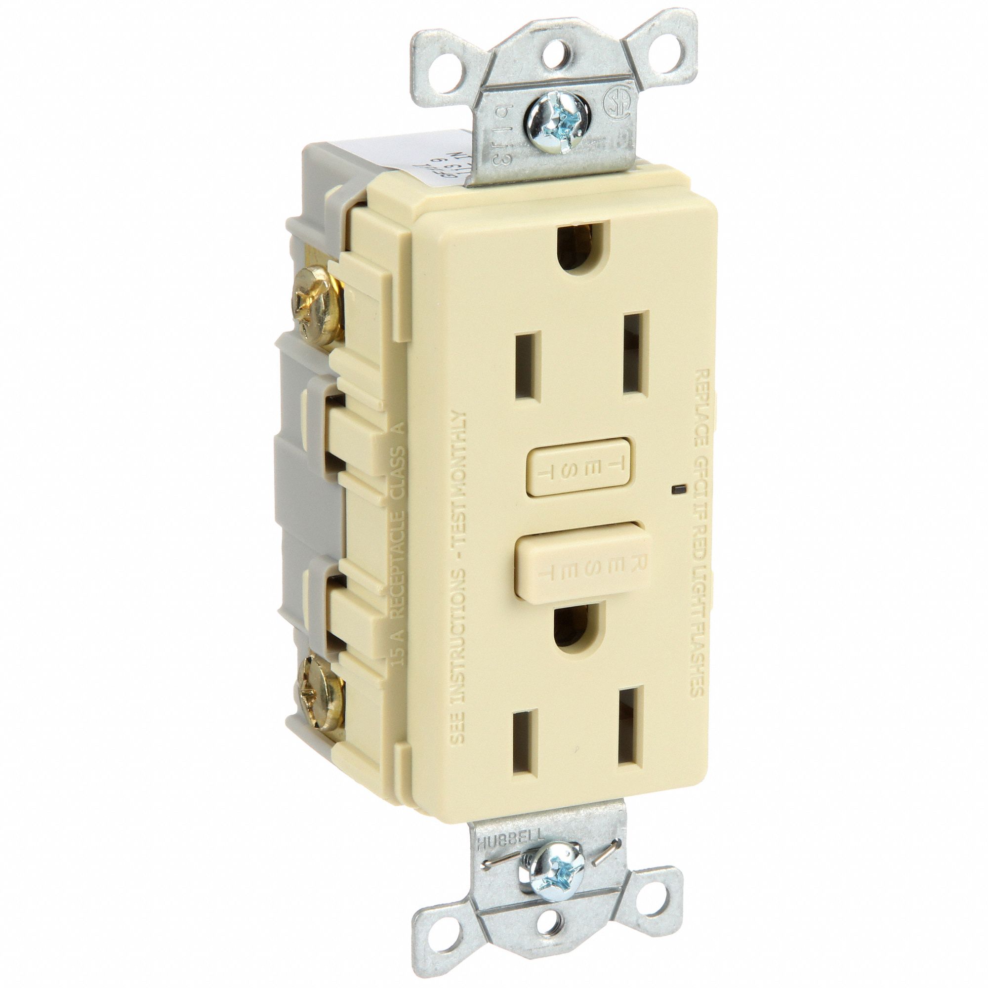 GFCI RECEPTACLE, DUPLEX, IVORY, 5-15R, 15 A, 125V AC, 2 POLE/3 WIRE, GEN USE
