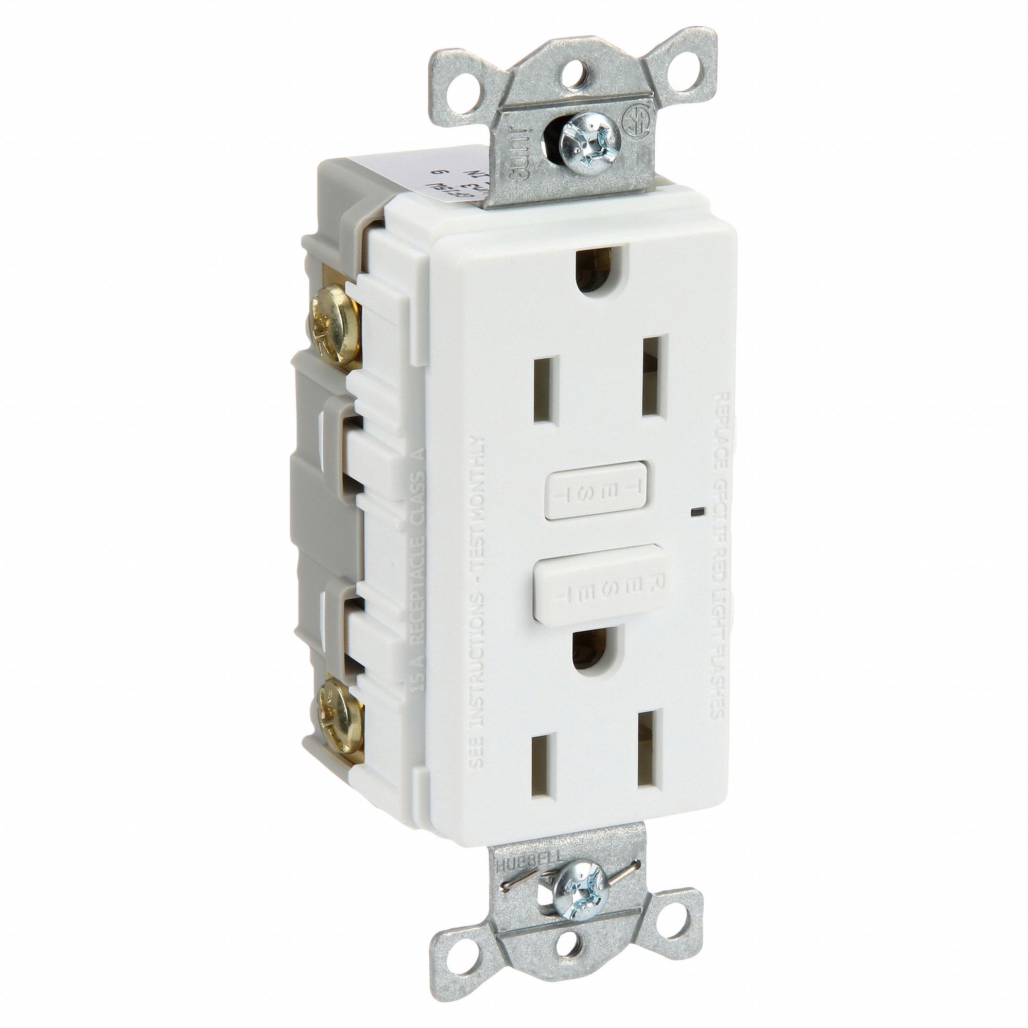 GFCI Receptacle: Duplex, White, 5-15R, 15 A, 125V AC, 2 Pole / 3 Wire, Screw Terminals