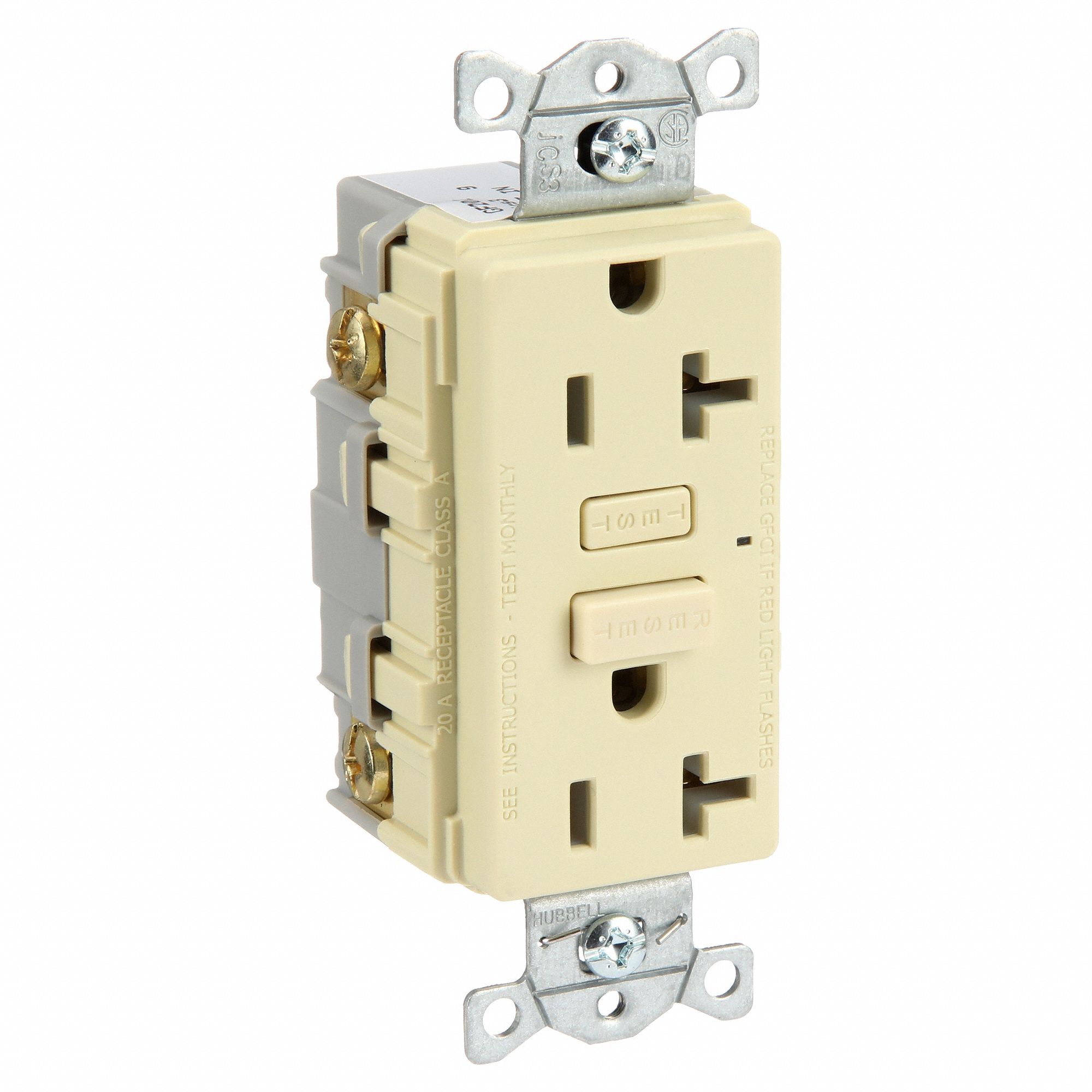 GFCI Receptacle: Duplex, Ivory, 5-20R, 20 A, 125V AC, 2 Pole / 3 Wire, Screw Terminals