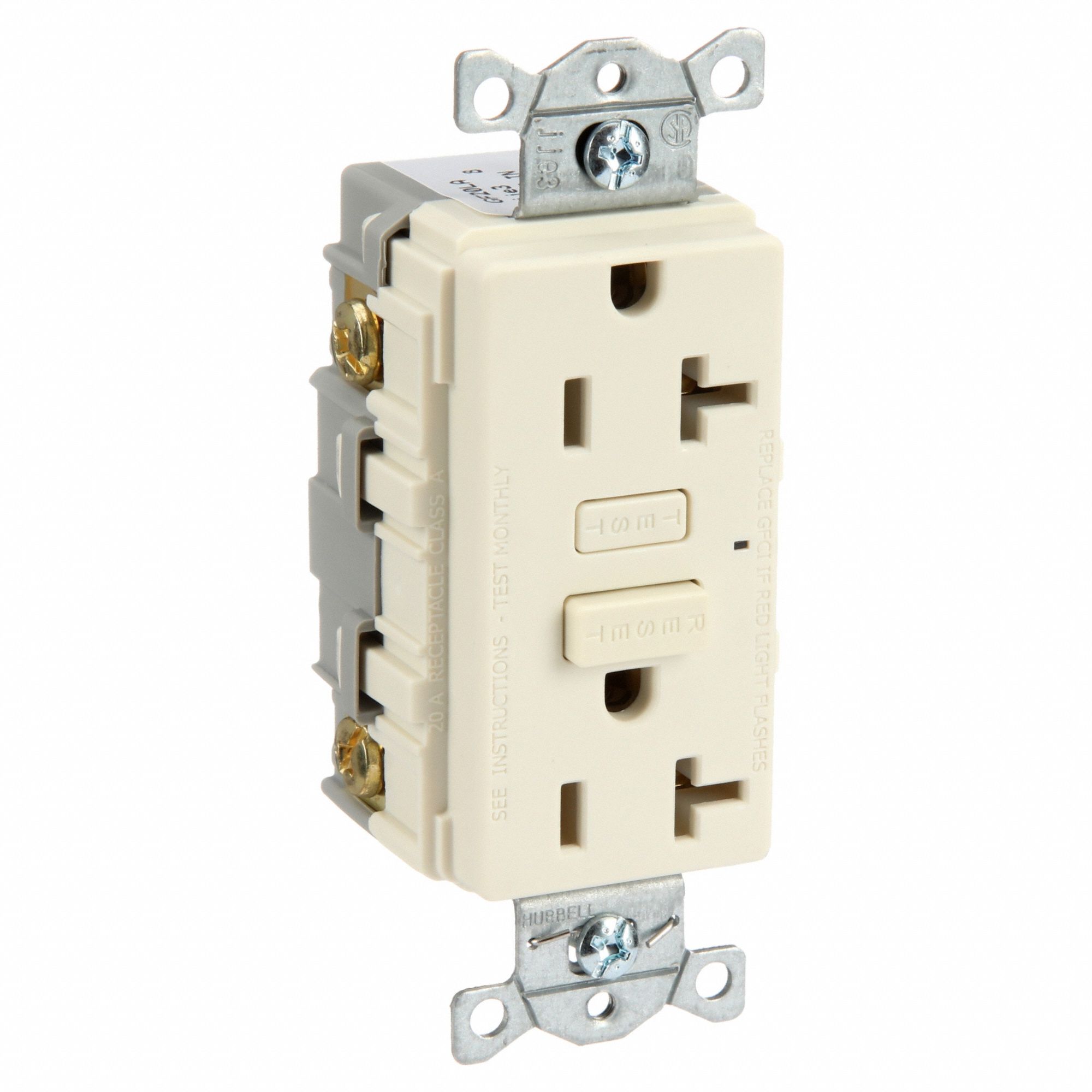 GFCI Receptacle: Duplex, Light Almond, 5-20R, 20 A, 125V AC, 2 Pole / 3 Wire, Screw Terminals