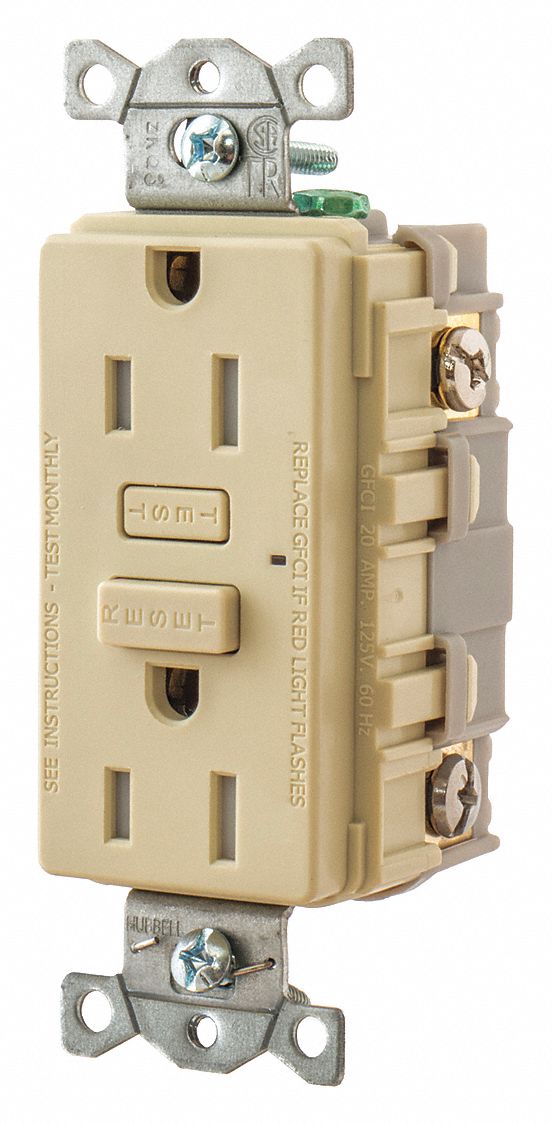 GFCI RECEPTACLE, DUPLEX, IVORY, 5-15R, 15 A, 125V AC, 2 POLE/3 WIRE, GEN USE