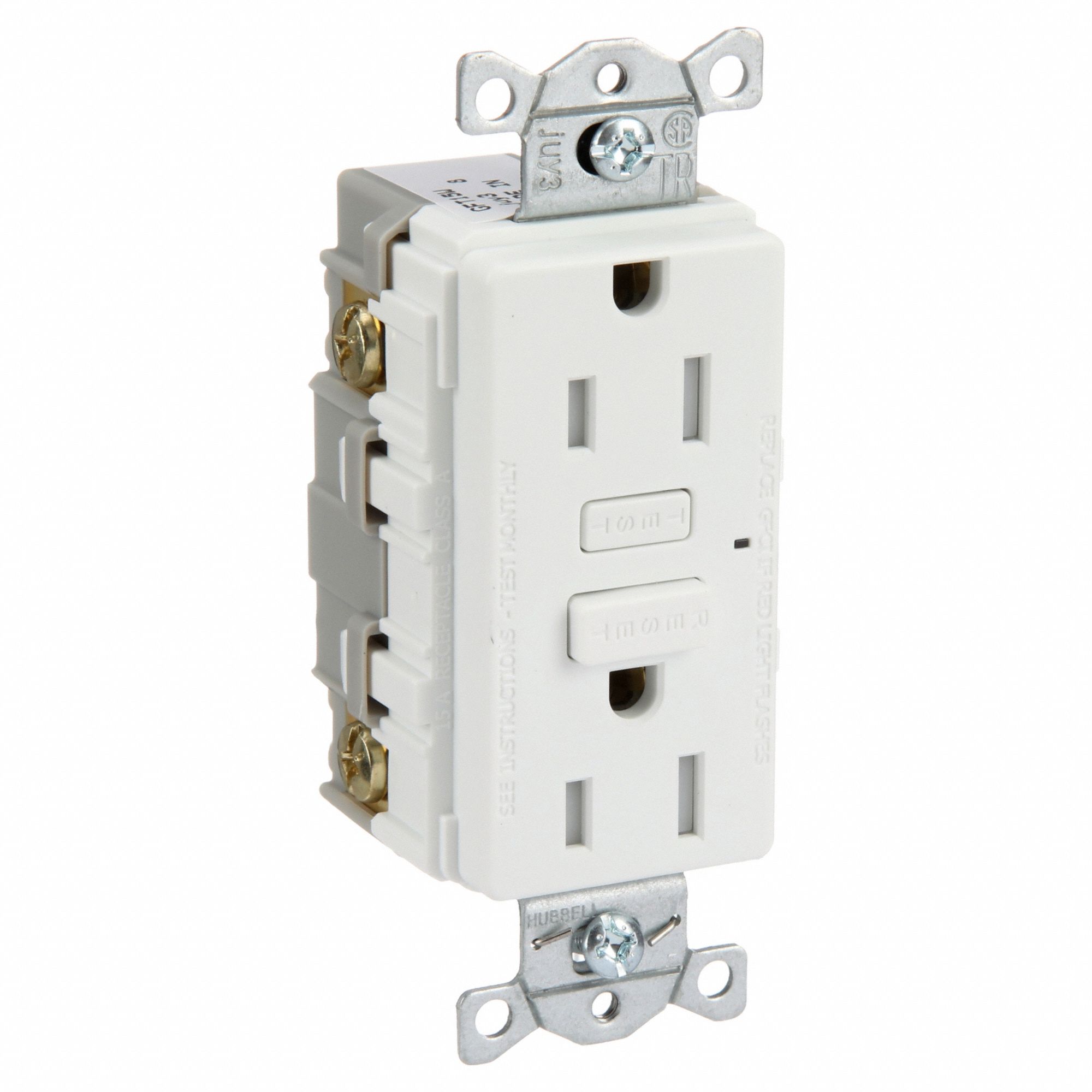 GFCI Receptacle: Duplex, White, 5-15R, 15 A, 125V AC, 2 Pole / 3 Wire, Screw Terminals
