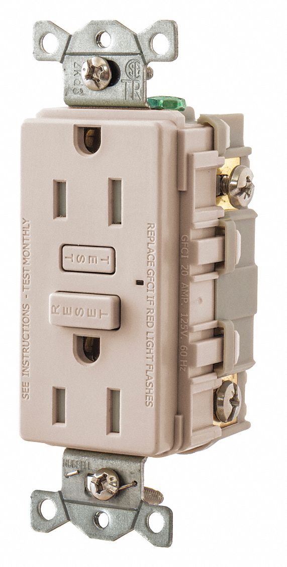 GFCI Receptacle: Duplex, Light Almond, 5-15R, 15 A, 125V AC, 2 Pole / 3 Wire, Screw Terminals