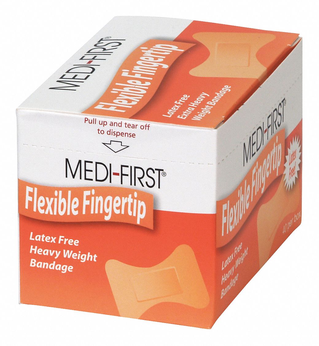 Adhesive Bandage: Fingertip Bandages, 1 1/2 in Wd, 2 in Lg, Not Metal Detectable