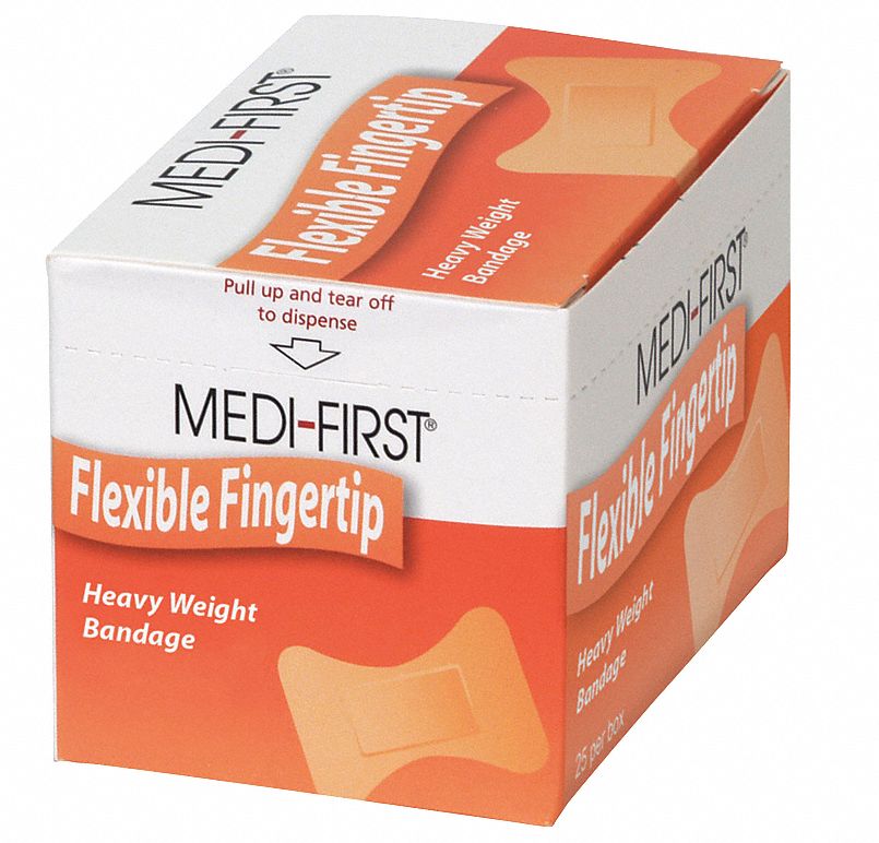 Adhesive Bandage: Fingertip Bandages, 1 1/2 in Wd, 2 in Lg, Not Metal Detectable