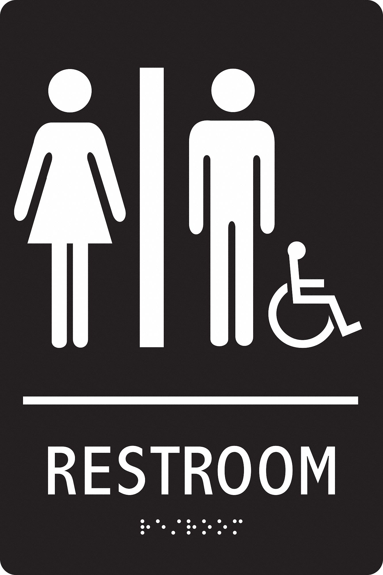 ADA BRAILLE FACILITY SIGN, ABS PLASTIC, ADHESIVE MOUNT, 9 IN X 6 IN NOMINAL SIGN SIZE, BLACK, RESTROOM
