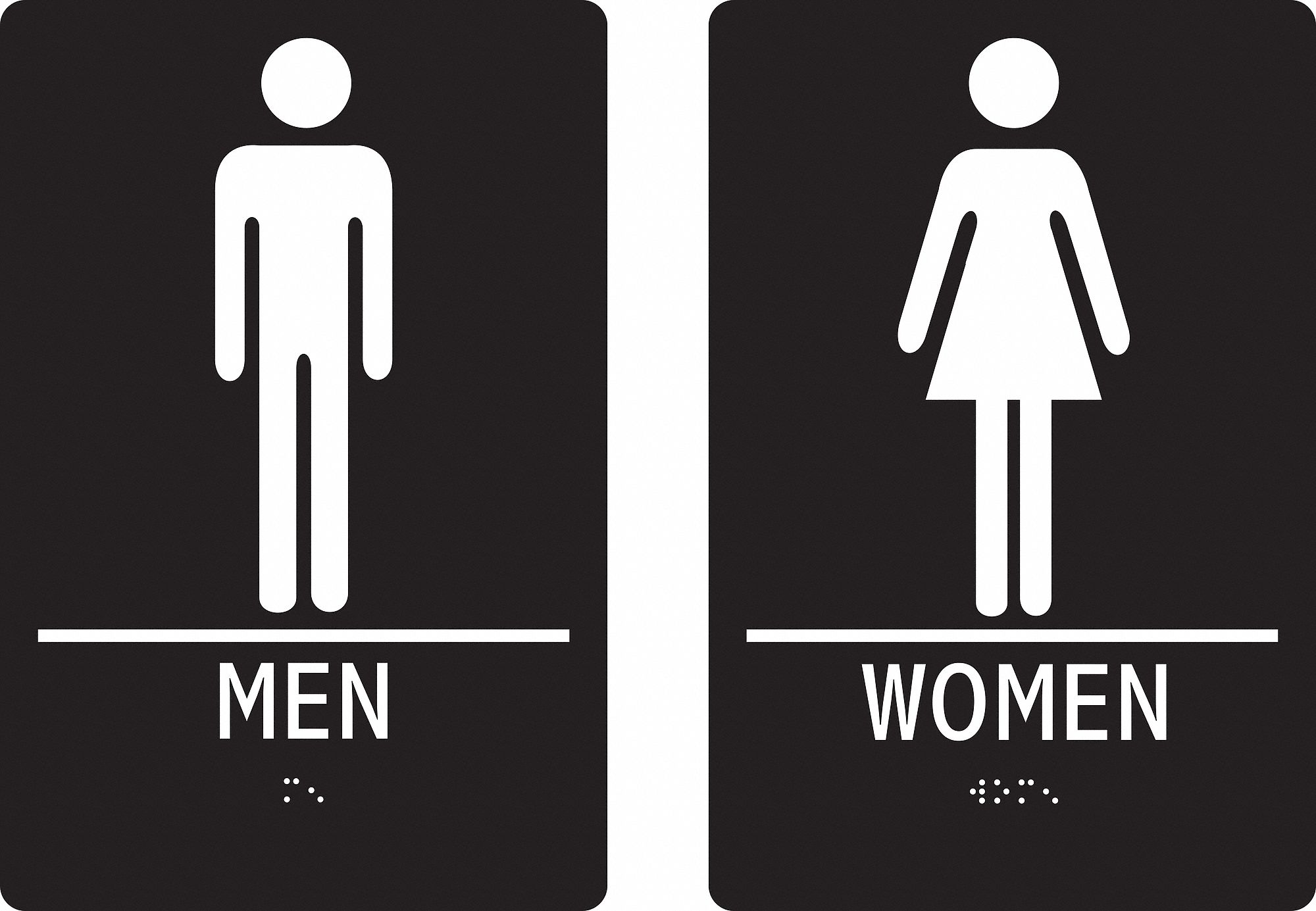 ADA BRAILLE FACILITY SIGN, ABS PLASTIC, ADHESIVE MOUNT, 9 IN X 6 IN NOMINAL SIGN SIZE, 2 PK, MEN/WOMEN