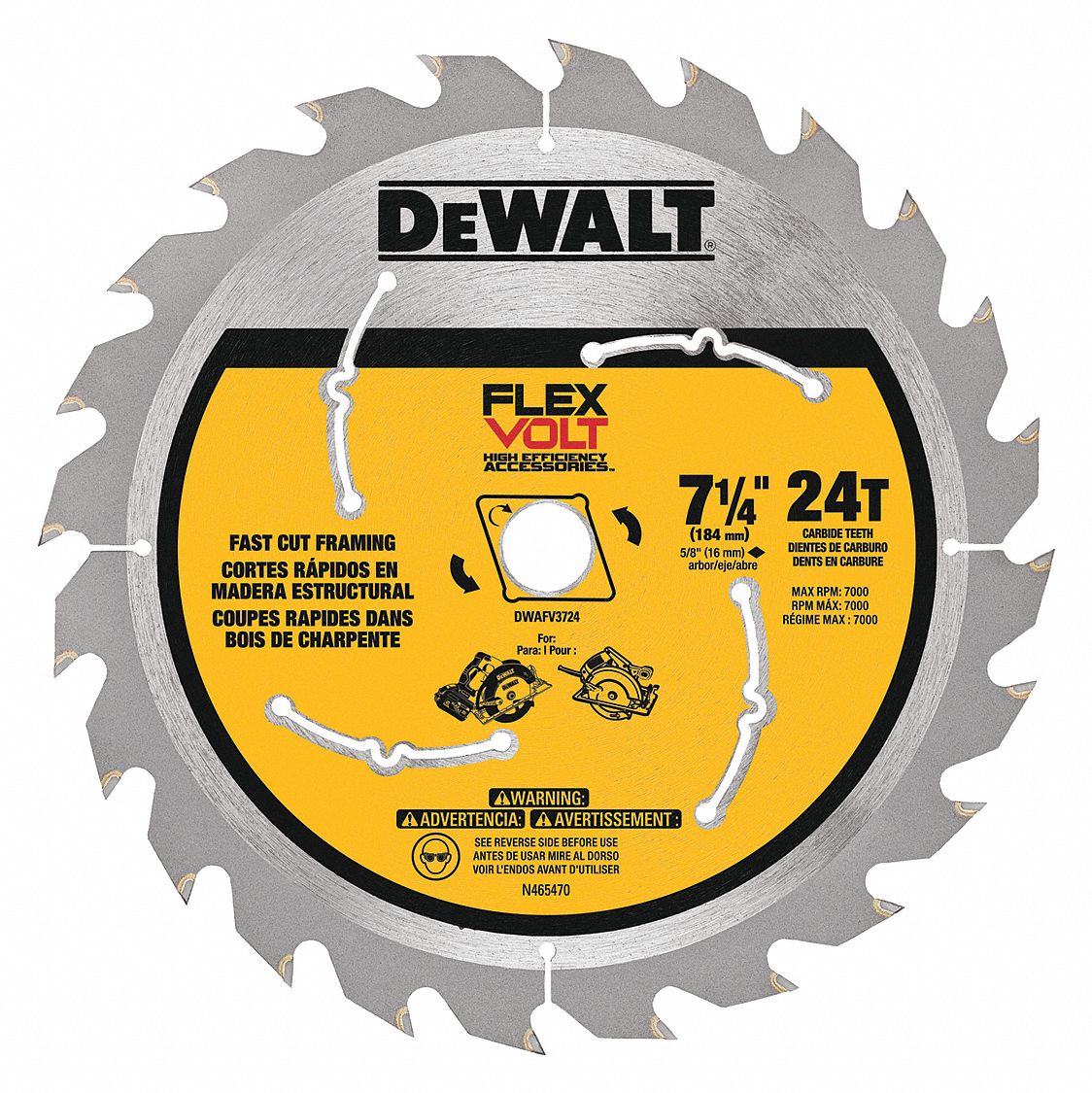 DEWALT Circular Saw Blade, NailEmbedded Wood Materials Cut, 7 1/4 in Blade Dia., 5/8 in Arbor