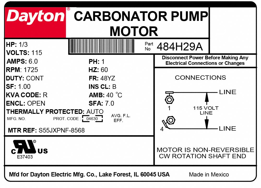 DAYTON Carbonator Pump Motor, 1/3 HP, SplitPhase, Nameplate RPM 1,725, 48YZ Frame, Voltage 115V