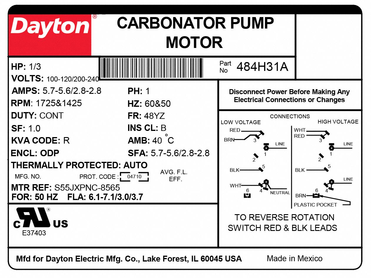 DAYTON Carbonator Pump Motor: Cradle Base Mounting, 3/4 HP, 1,725