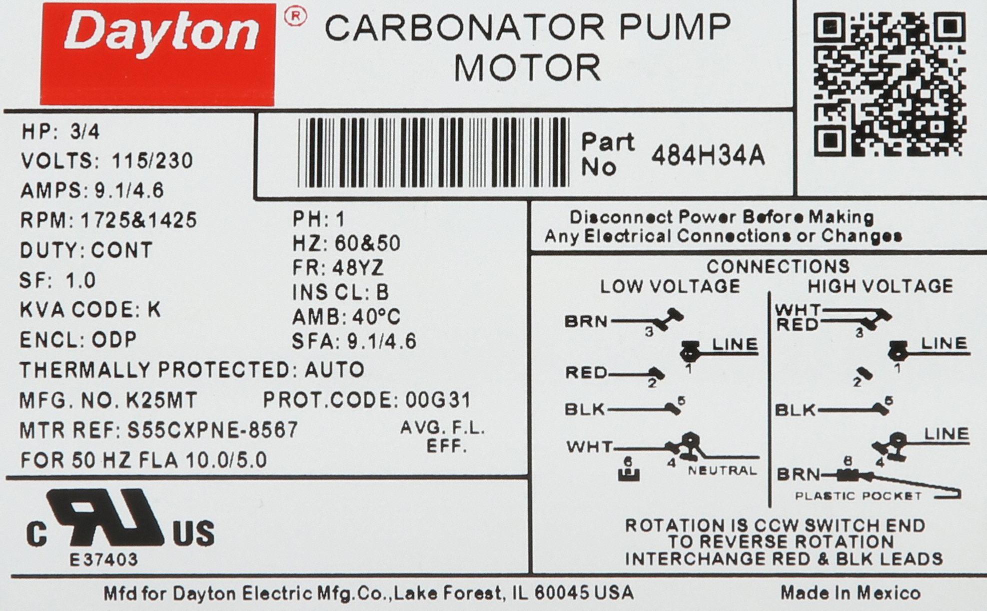 Carbonator Pump Motor: 48YZ Frame Size, Cradle Base, 115/230V AC, 3/4 hp, 1725 RPM
