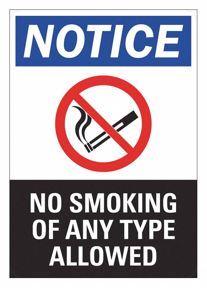 No Smoking Sign: Plastic, Mounting Holes Sign Mounting, 10 in x 7 in Nominal Sign Size