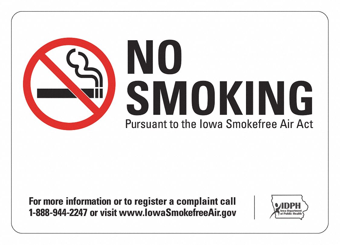 No Smoking Sign: Non-PVC Polymer, Adhesive Sign Mounting, 7 in x 10 in Nominal Sign Size, 2 PK