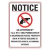 Notice: As Authorized By T.C.A. 39-17-1359, Possession Of A Weapon On Posted Property Or In A Posted Building Is Prohibited And Is A Criminal Offense Signs