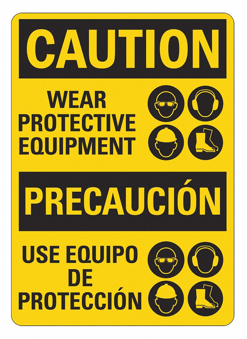 Caution Sign: Plastic, Mounting Holes Sign Mounting, 14 in x 10 in Nominal Sign Size, 0.055 in Thick
