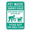 Pet Waste: Pet Waste Transmits Disease, Leash And Clean Up After Your Pet Please Keep This Area Clean Signs image