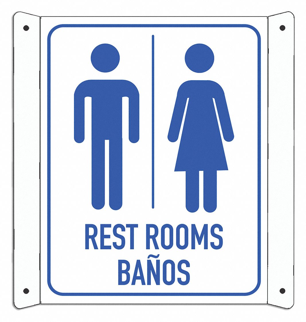 Aluminum Restrooms Sign: Aluminum, Mounting Holes Sign Mounting, 10 in x 8 in Nominal Sign Size