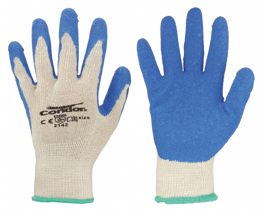 CONDOR Coated Gloves: L ( 9 ), Rough, Latex, Palm, Dipped, ANSI Abrasion  Level 3, Full Finger, 1 PR